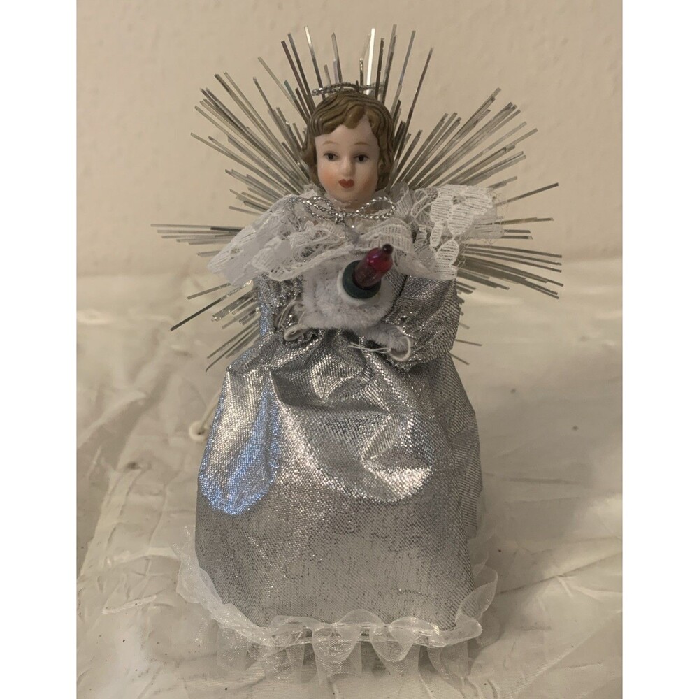 Vintage Angel Tree Topper Mini Silver Tinsel Starburst Ornament Lights Up